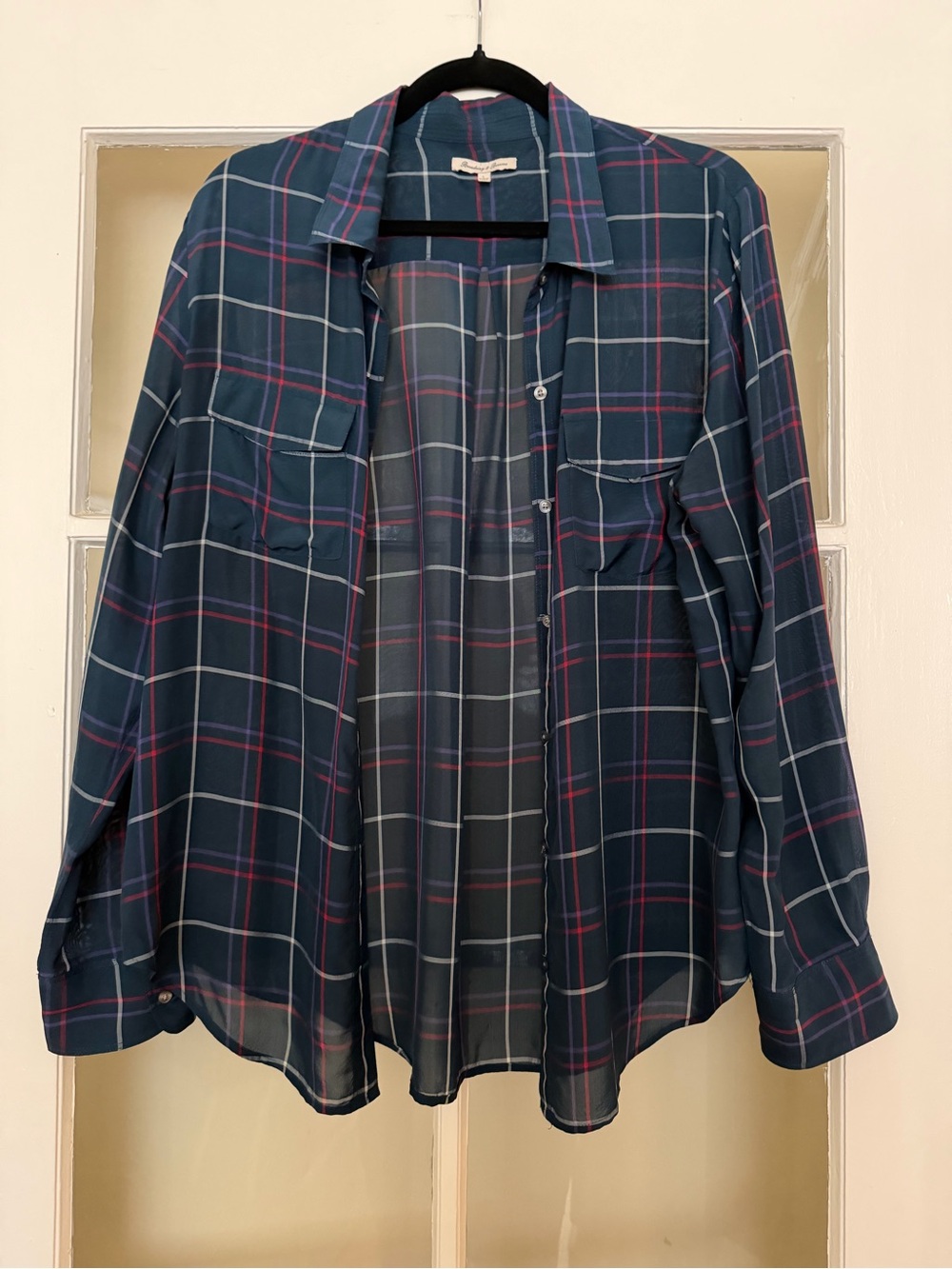 Men's/Women’s Navy Plaid Long-Sleeve Button-Down Shirt